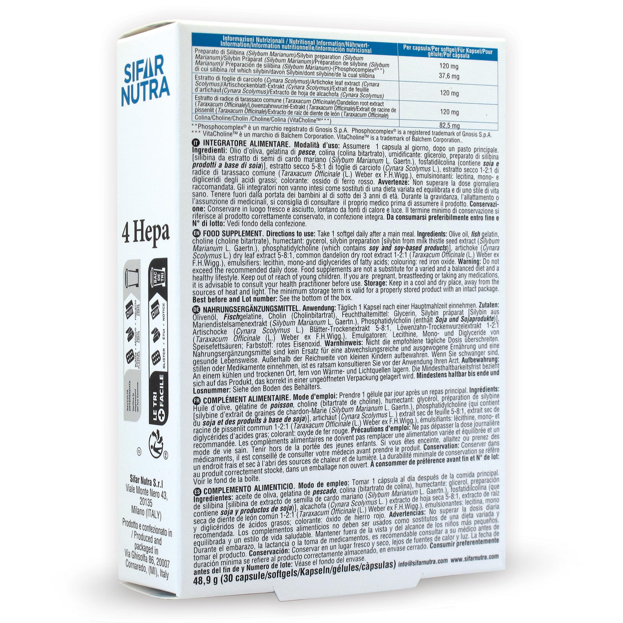 Sifar Nutra 4 Hepa | integratore depurativo fegato | per la normale funzionalità epatica | con carciofo, tarassaco, colina, silibina da cardo mariano | 30 capsule