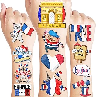 96PCS French Paris France Pre-Cut Temporary Tattoos Happy Bastille Day Birthday Party Decorations Favors Supplies Eiffel Tower France Flag Tattoo Stickers Gifts For Kids School Prizes Carnival