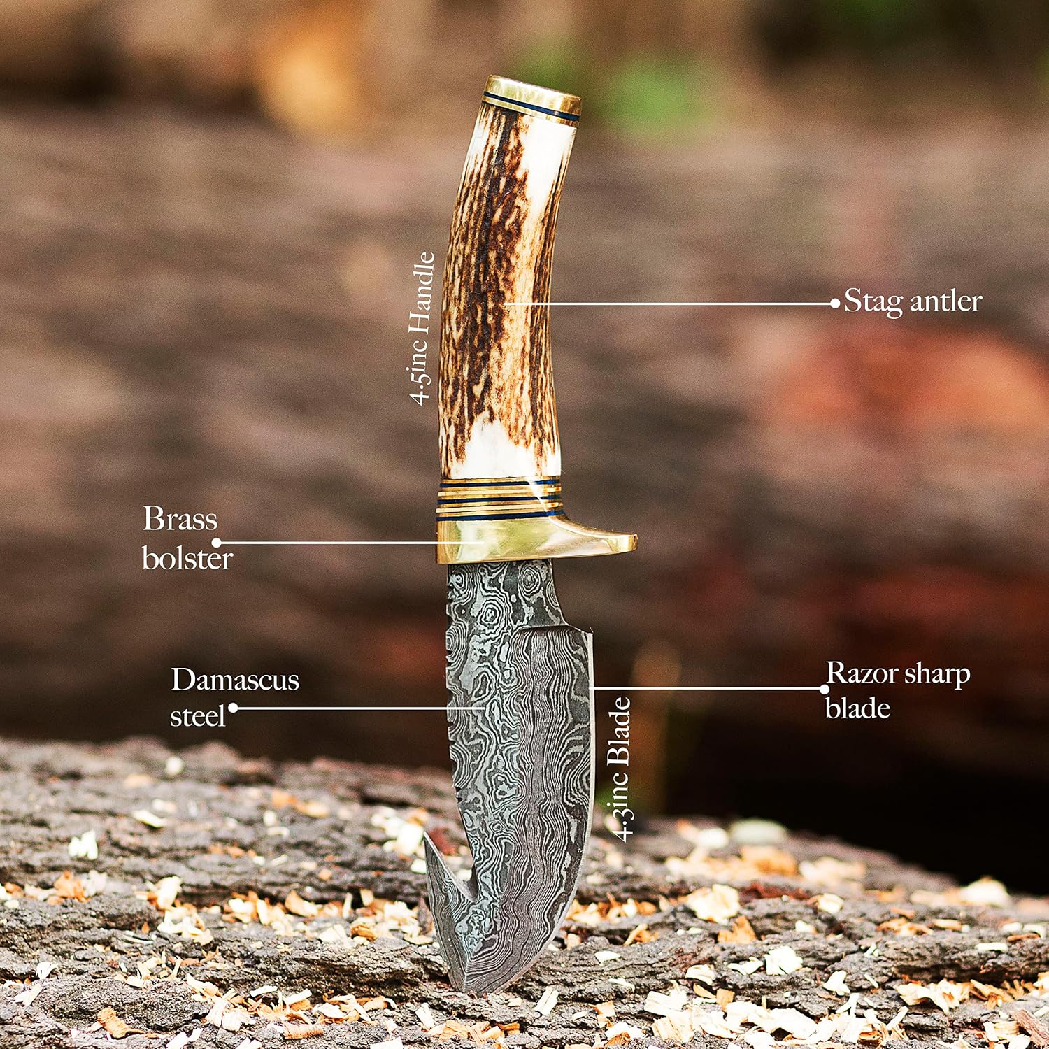 Damascus Steel Gut Hook Hunting Knife Fixed Blade STAG Horn Handle EDC Survival Knife for cowboy with leather sheath