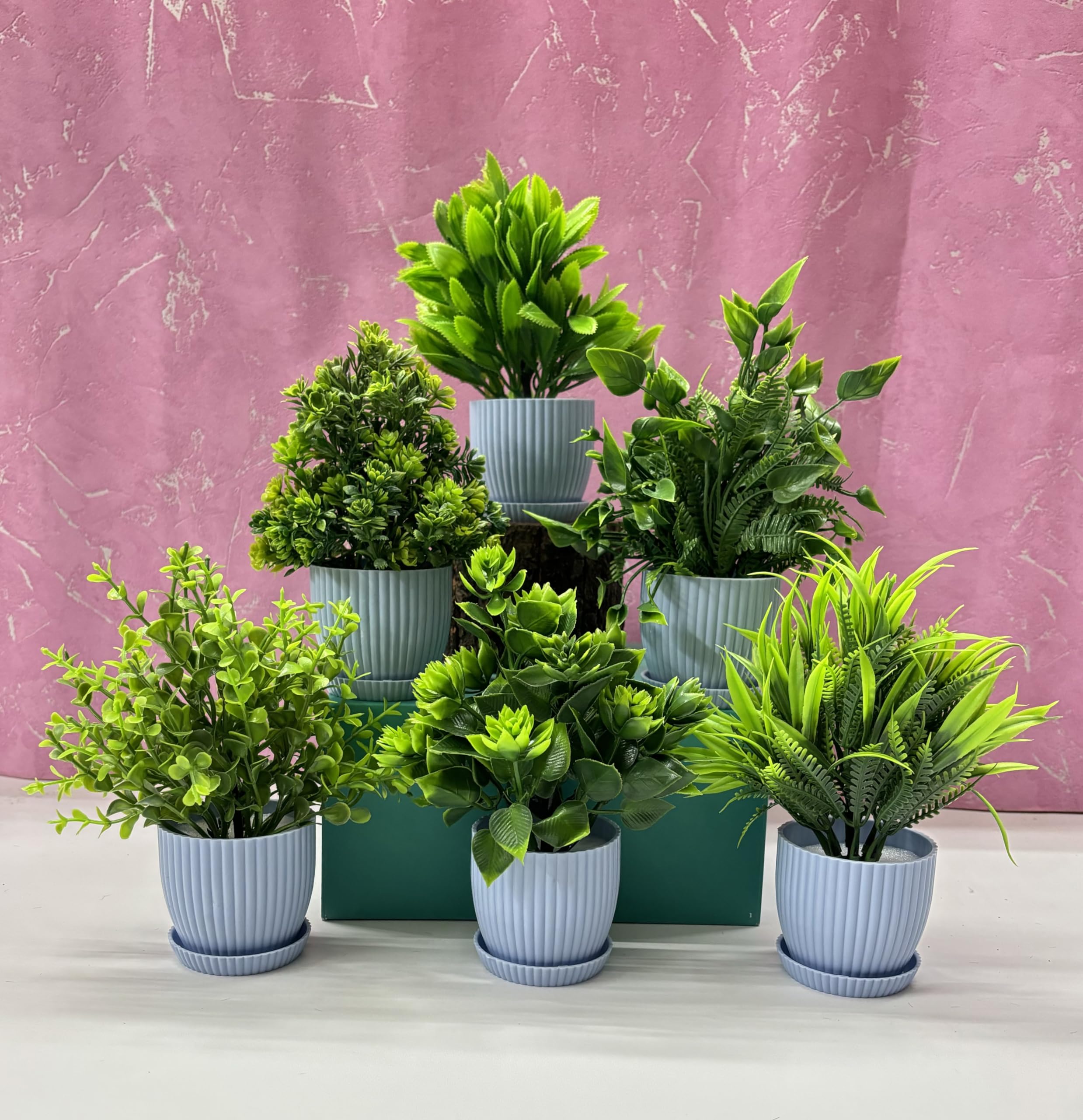 Dekorly Plastic 6 Packs Fake Plants Small,Mini Artificial Plants Indoor For Home Farmhouse Bathroom Shelf Décor(Height : 17Cm,Blue)