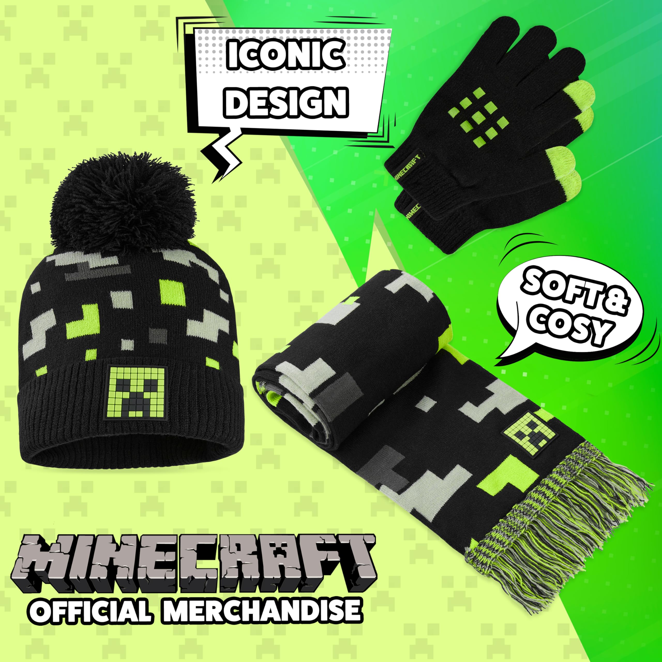 MINECRAFT Berretto Invernale Bambino Set con Cappello e Guanti o Cappellino, Guanti con Sciarpa, Creeper Regalo Ragazzo