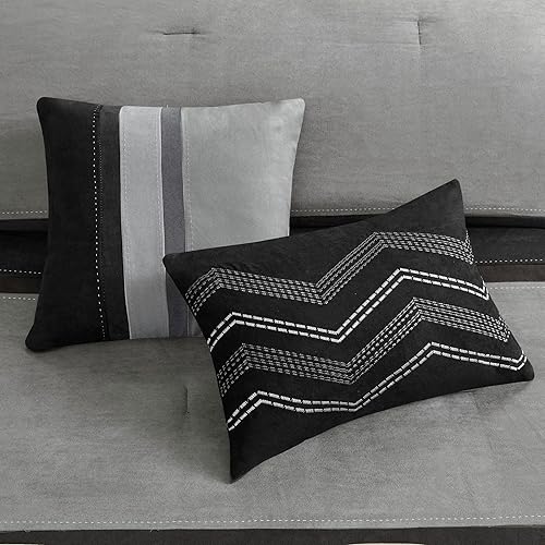 Miniatura 9 de Madison Park Palisades - Juego de edredón moderno de gamuza sintética con diseño a rayas en piezas, ropa de cama acogedora alternativa al plumón