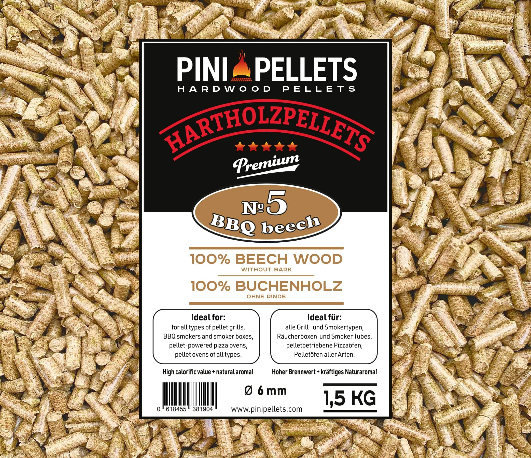 PINI Beech Wood Pellets, 100% Natural, 1.5 kg, Ideal for Grilling, Smoking, Pizza Ovens