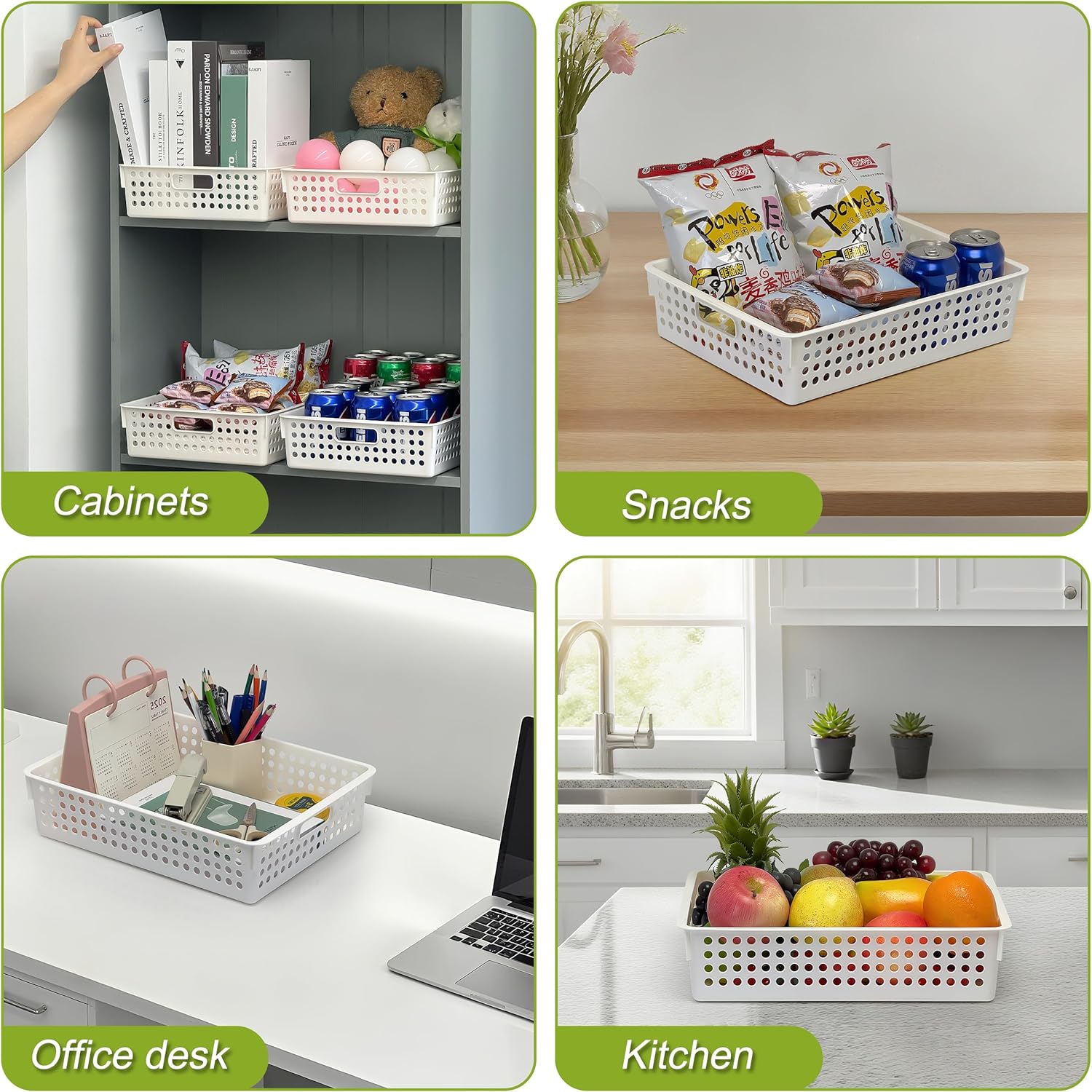 Soddeph 4 Pack Stackable A4 Paper Organizer Trays, Plastic Storage Bins with Handles, Hollow Design Organizer Baskets for Classroom, Office, Home Use
