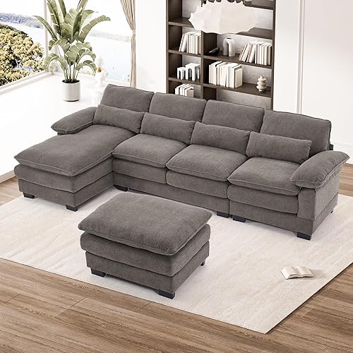 OUYESSIR 113" U Shape Sectional Cloud Couch with Ottoman,Fluffy Sectional Couches for Living Room,4 Seater Modular Sectionals Sofa,Comfy Cloud Sofas & Couches with 4 Pillows,Grey
