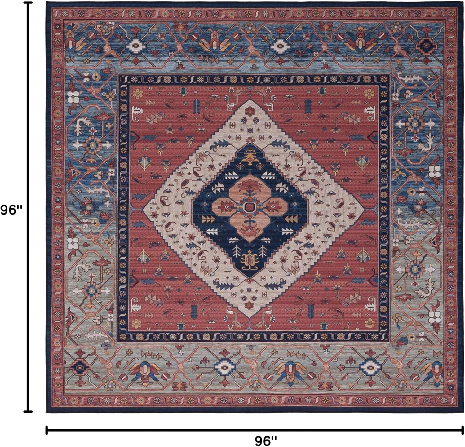 SAFAVIEH Washable Rug Tucson Collection - 8' Square, Rust & Blue, Slip Resistant & Easy to Clean, Ideal for Living Room, Bedroom, Dining Space (TSN153P)