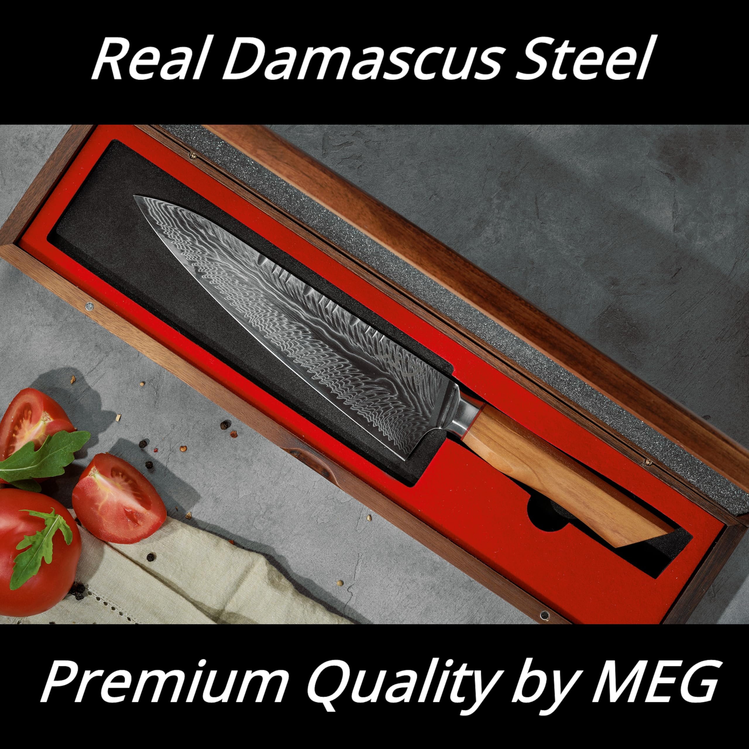 MEG Cuchillo Chef Gyuto Japones, Damasco de 73 capas con patrón pluma – Acero Alto Carbono, Filo en V Profesional, Mango de madera de olivo y Caja de Madera de Acacia – Cuchillo de Cocina Premium