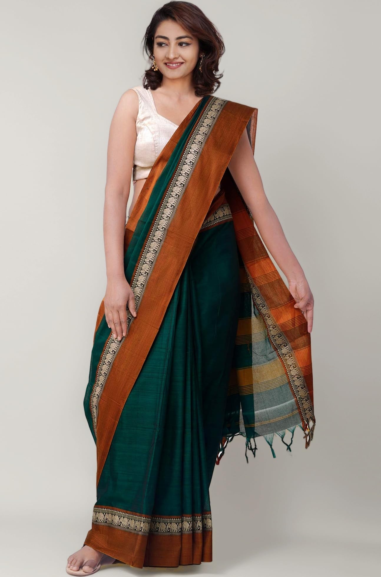 Women Pure Handloom Narayanpet Cotton Saree with blouse piece and Tassels from the Weavers of Andhra Pradesh(UNM33759+Green+free size)