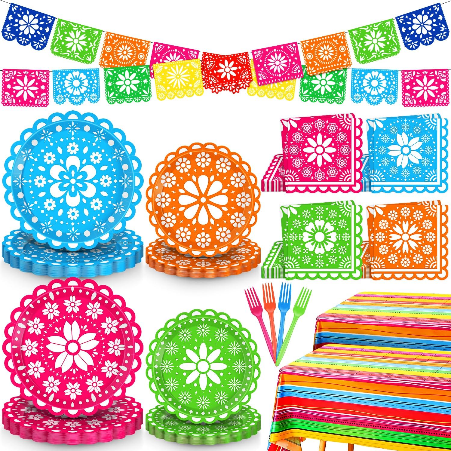 Fiesta Party Decorations Mexican Themed Cinco De Mayo Decorations for Party Plates and Napkins, Table Clothes ,Banner Taco Ware Dinnerware