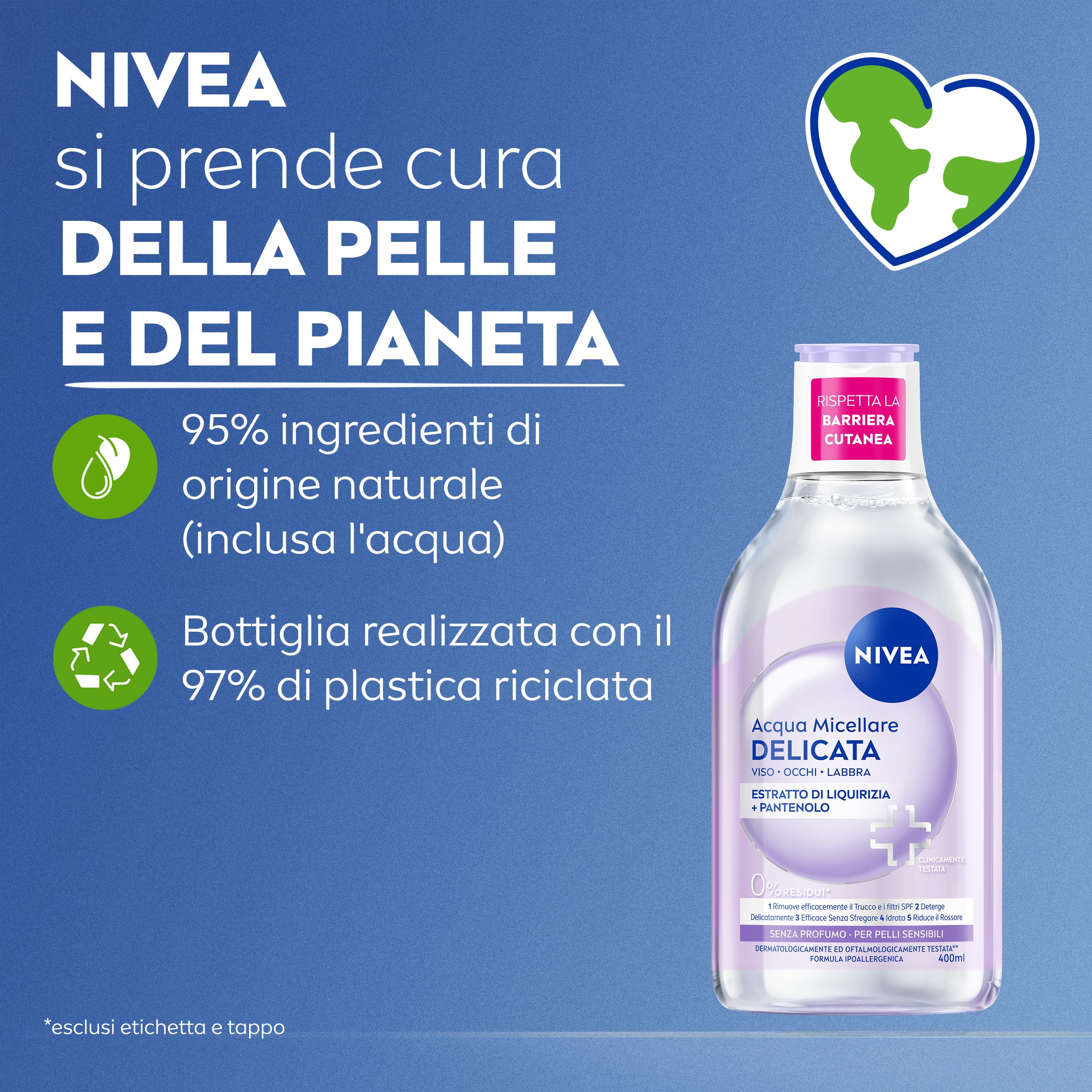 NIVEA Acqua Micellare Delicata 400 ml, Struccante viso e occhi e labbra per make-up e SPF, Con Liquirizia e Pantenolo, Senza profumo, Formula ipoallergenica, Detergente viso pelle sensibile