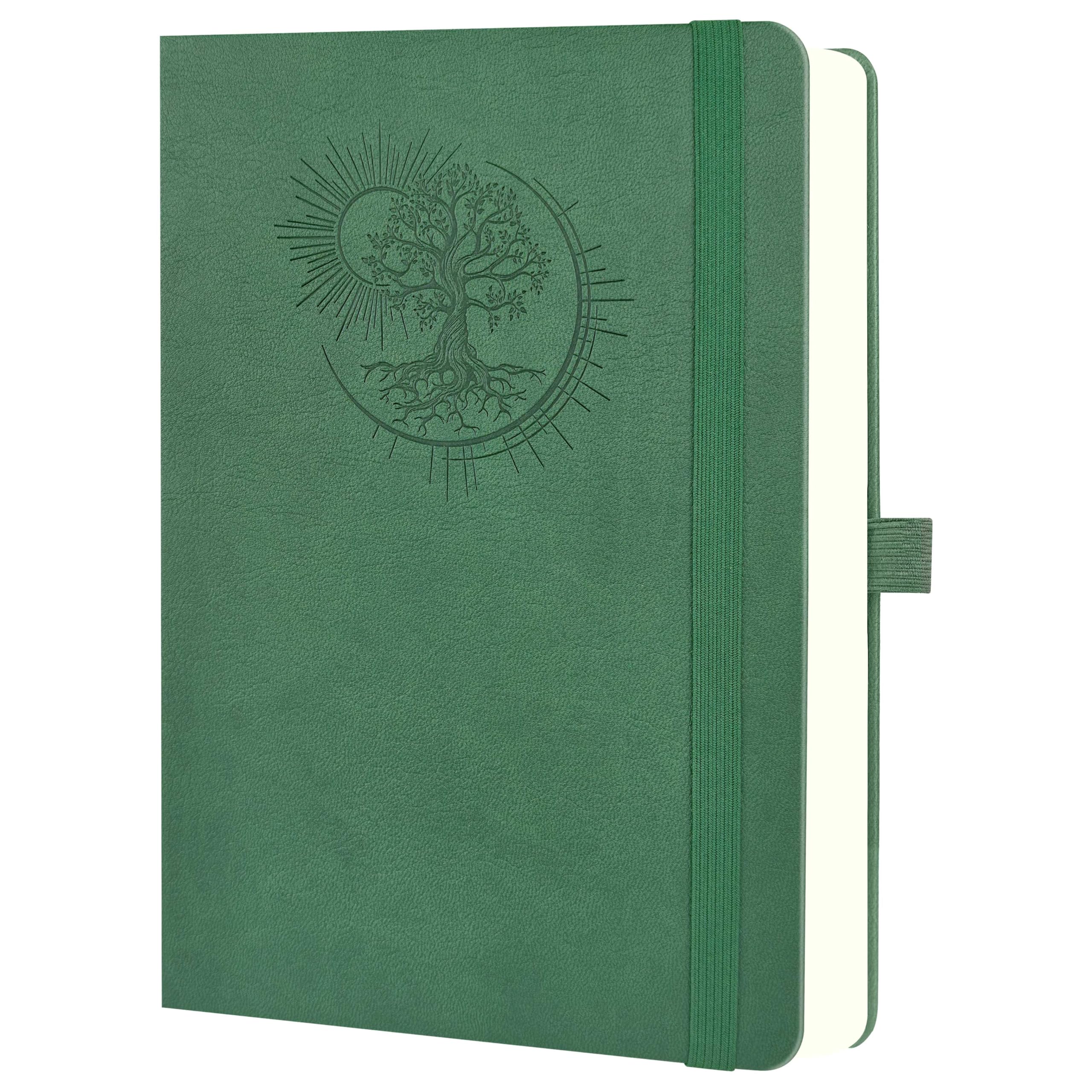 Mlife B5 Notebook with Tree of Life Design – 300 Pages, 100g Paper, PU Cover, Elastic Band, Pen Holder, 3 Bookmarks – Ideal for Work, Study & Gift (Dark green)