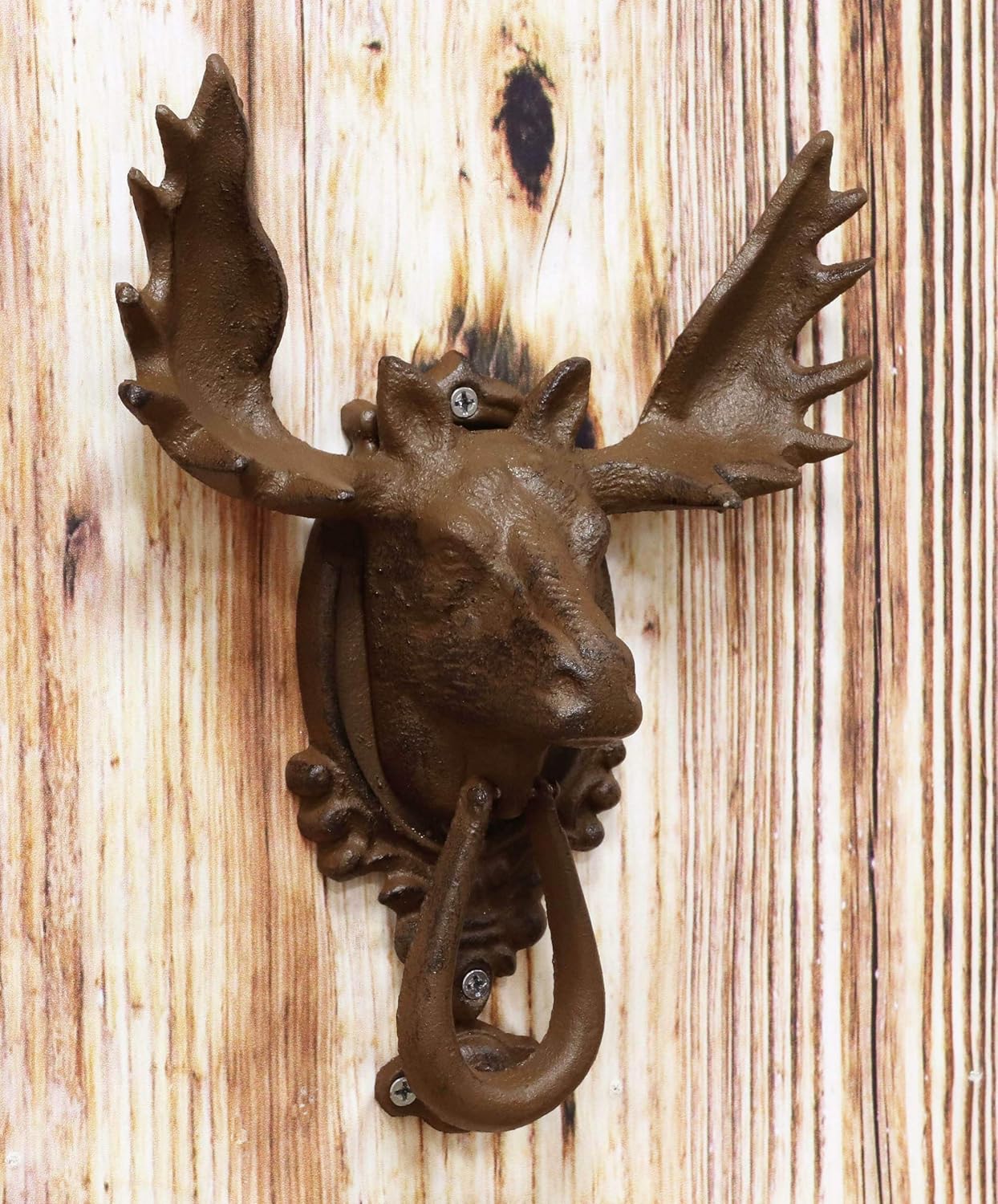 Ebros Gift Rustic Western Forest Horned Bull Moose Head Cast Iron Door Knocker 10" Tall Figurine Decorative Knockers Buck Deer Elk for Cabin Lodge Home Accent Decor Hardware
