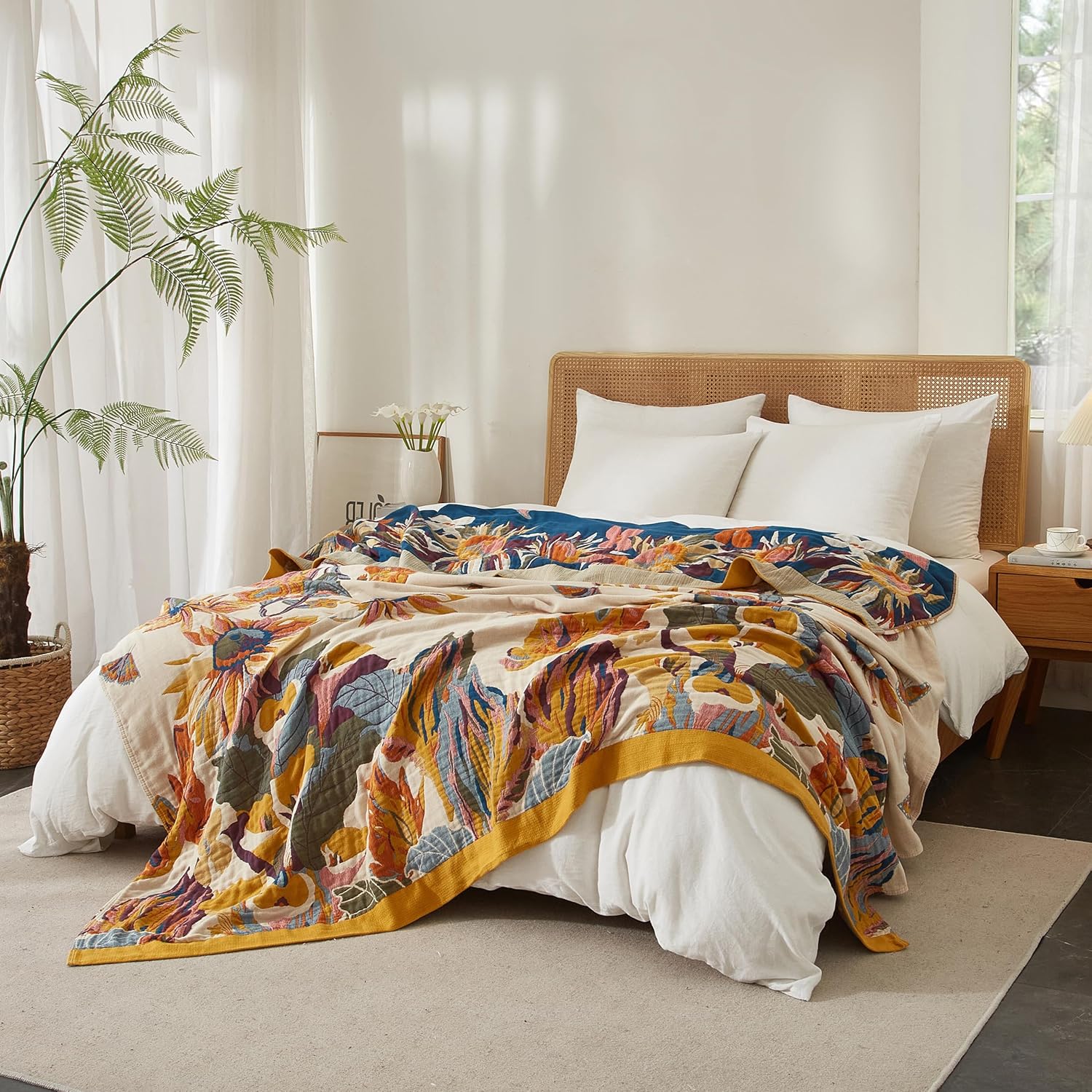 Boho Throw Blanket for Bed 60”x80”, 100% Cotton Woven Blanket for Couch Sofa, Ultra Soft 4-Layer Muslin Quilt with Floral Printed, Farmhouse Bed Blanket/Cover for Living Room Decor - Image 3