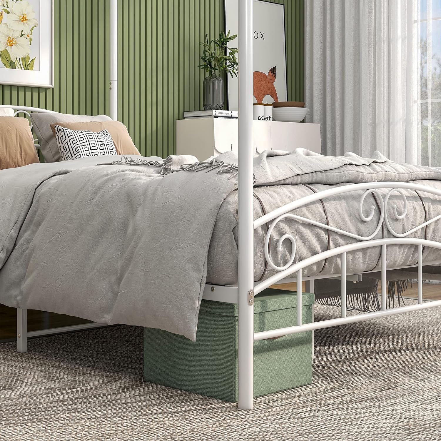 JURMERRY Metal Canopy Bed Frame Four-Poster Bed with Headboard & Footboard Mattress Foundation Sturdy Slatted Structure No Box Spring Needed Easy Assembly,Full White