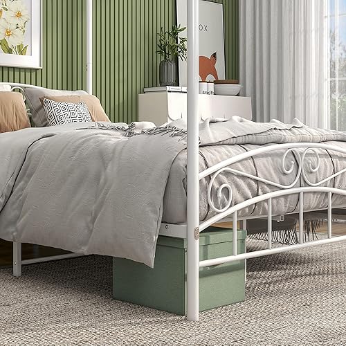 Miniatura 6 de JURMERRY Base de cama con dosel de metal, base de colchón con cabecera y estribo, estructura de listones resistente, no necesita somier, fácil