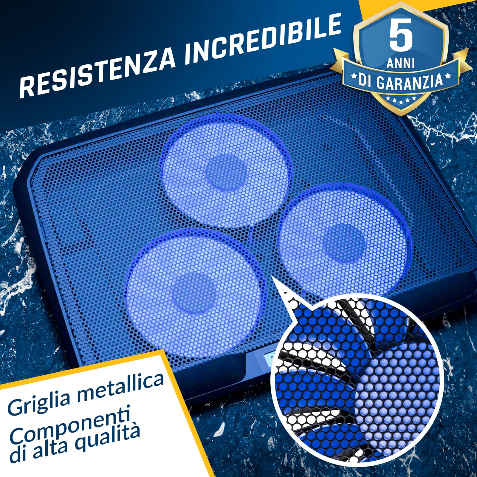 KLIM Ventola PC Portatile KN02 Raffreddamento Silenzioso 3 Ventole 1500 RPM Poggiapolsi Imbottiti 11-17" Garanzia 5 Anni