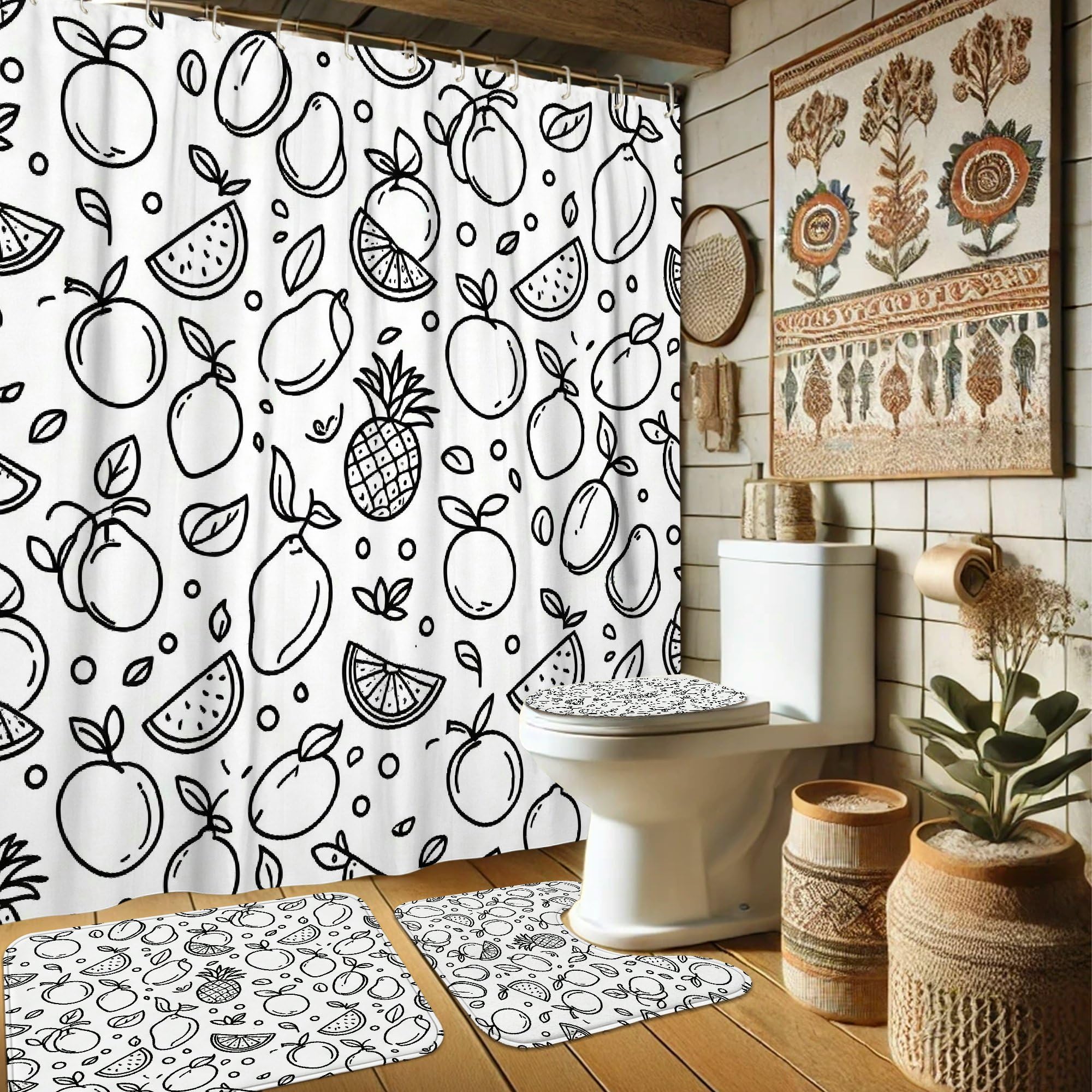Rideau de douche anti-éclaboussures noir motif pastèque et ananas