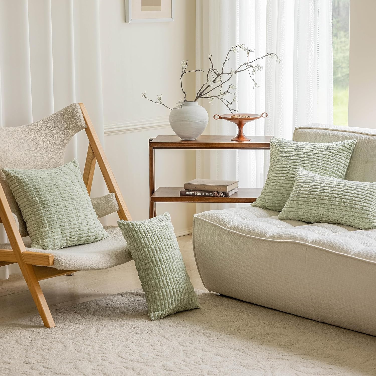 Home Brilliant Square Sage Green Spring Pillow Covers 18x18 Soft Striped Corduroy Solid Plush Throw Pillows for Couch Sofa Bench Living Room Decor, Set of 2, 18 x 18 inch, Light Green - Image 3