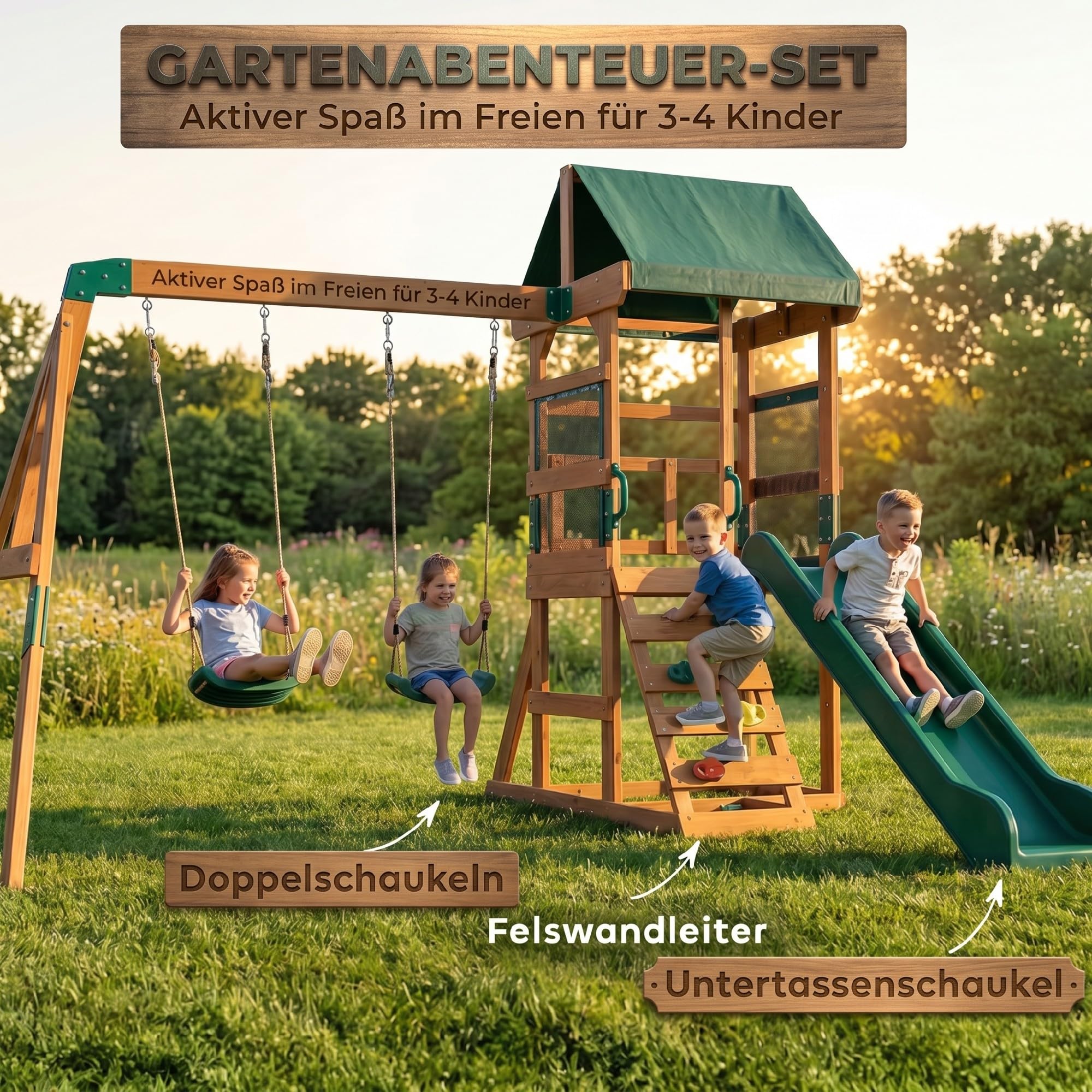 AIYAPLAY Spielturm mit 194,5cm Rutsche 2 Schaukeln für 3-8 315x284x233 cm | Kletterwand, Überdachtes Oberdeck, Outdoor Kinder Kletterturm, Aus Holz Spielhaus, Für Kinder von 3-8 Jahren