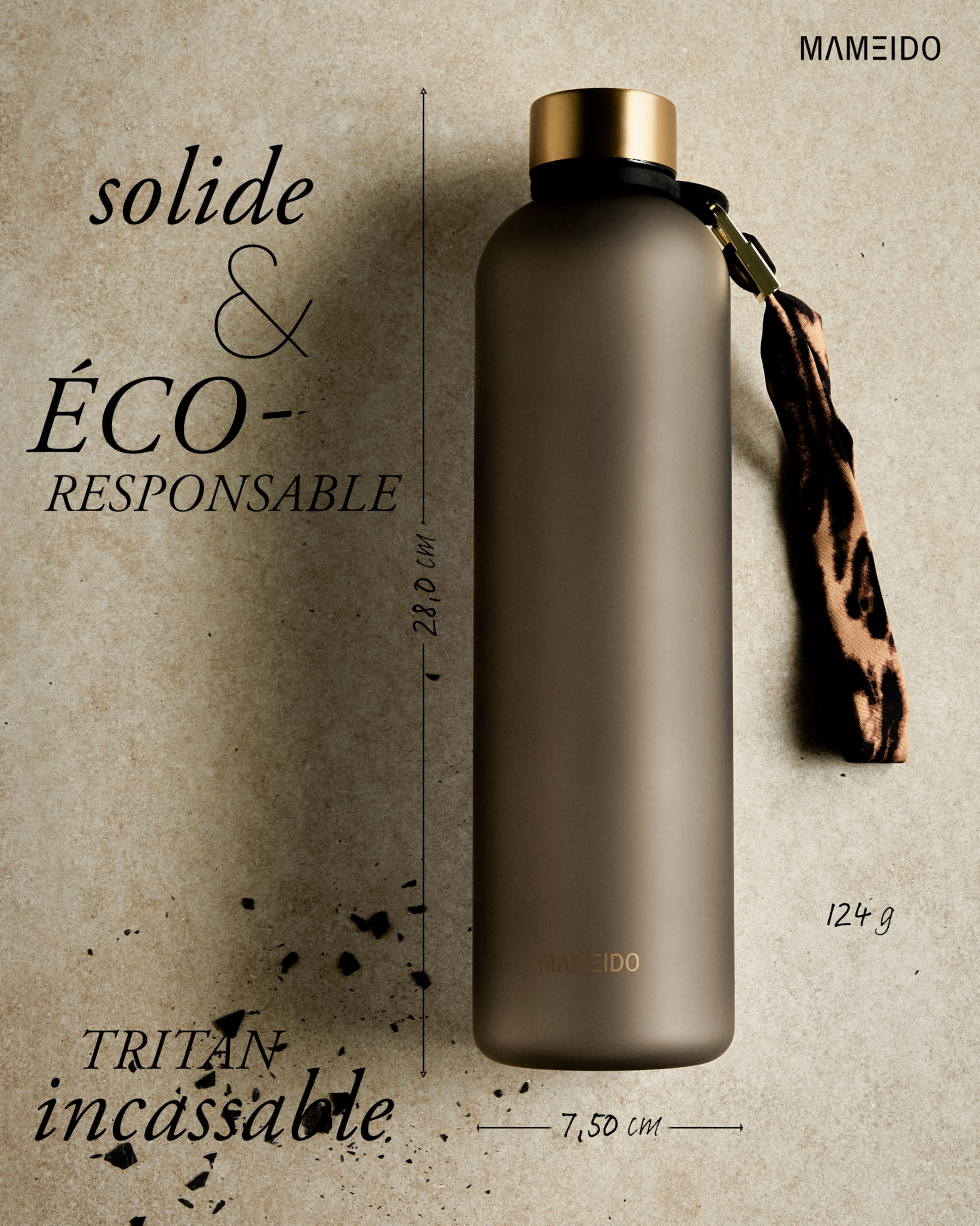 MAMEIDO Bottiglia acqua 1,5 litri - Borraccia plastica tritan a tenuta stagna, senza BPA - bottiglia motivazionale con orario (Urban Taupe Gold)
