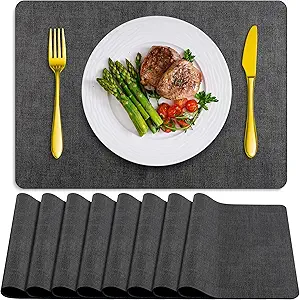 Placemats Set of 8 Washable, Heat Resistant Table Placemats Wipeable Faux Leather Place Mats Non Slip, Waterproof Square Table Mats for Indoor Outdoor, Charcoal Gray