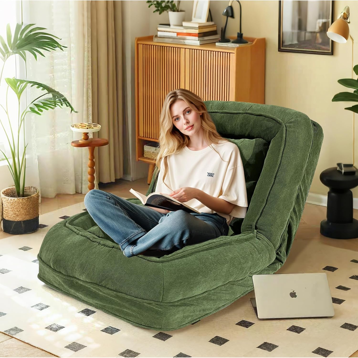 Upholstered Human Dog Bed for Adult & Pets, Convertible Lazy Sofa Bed with 5 Adjustable Position, Comfy Tatami Sofa Bed Bean Bag Sofa with 2 Soft Pillows for Bedroom Living Room Office (Beige)