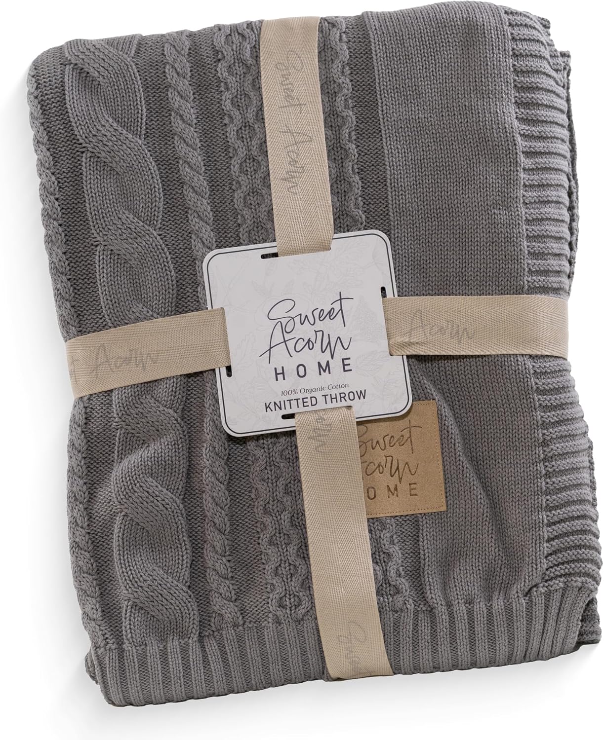 Knitted Cotton Blanket - Soft Cozy Knit Throw Blanket, Lightweight All - Season Cotton Blanket for Bed, Couch, or Living Room - Home Edition Print Feather Grey