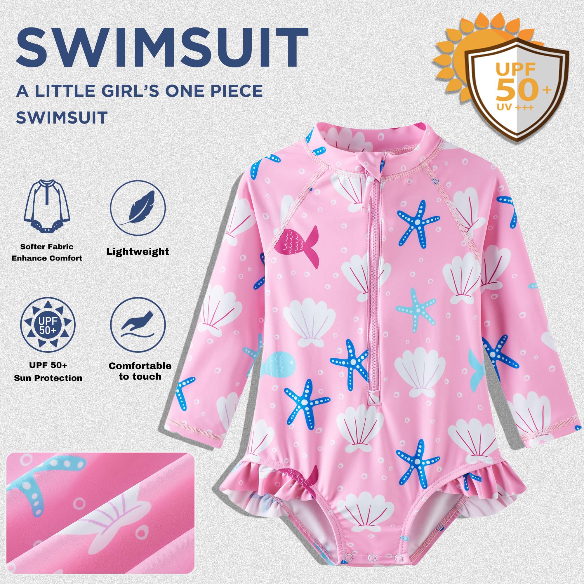 UMELOK Costume da bagno intero da bambina, a maniche lunghe, con protezione solare UPF 50+