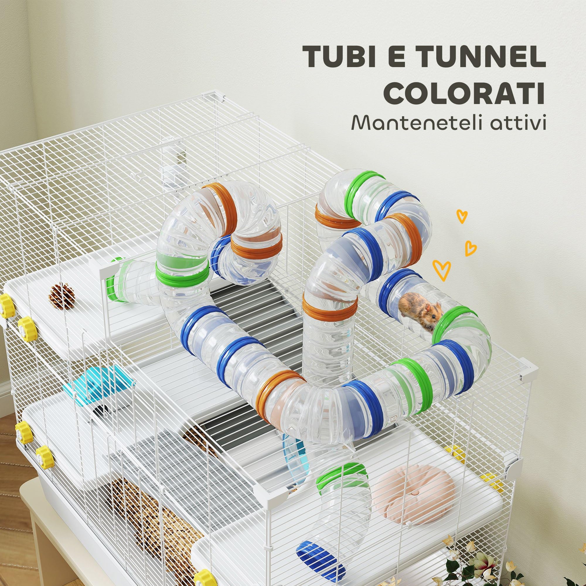 PawHut Gabbia per Criceti 78x45x73 cm 4 Livelli Ruota Silenziosa Bianco | con Tubi, 3 Porte, Vassoio, Gabbietta per Criceti, Metallo, PP e PS