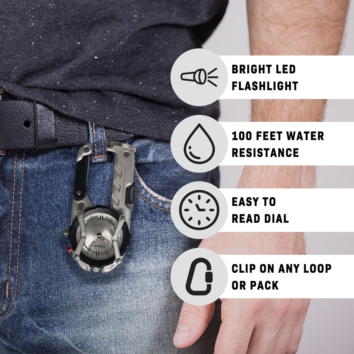 Multitool Clip Watch for Men – Silver | 100ft Water Resistant Clip-On Watch with LED Light, Bottle Opener, Screwdriver & Carabiner – Stainless Steel Outdoor Work & Camping Tool