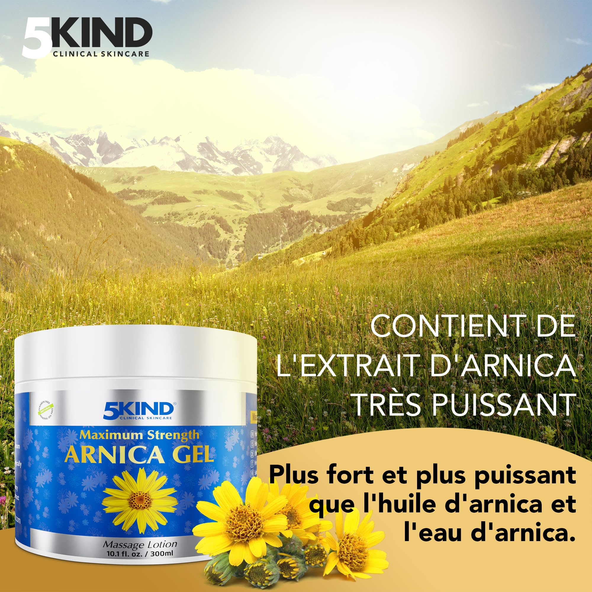 5kind Gel Arnica Extra Fort 300 ml – Gel à l’Arnica à Action Rapide – Gel Revitalisant à l’Extrait d’Arnica Montana