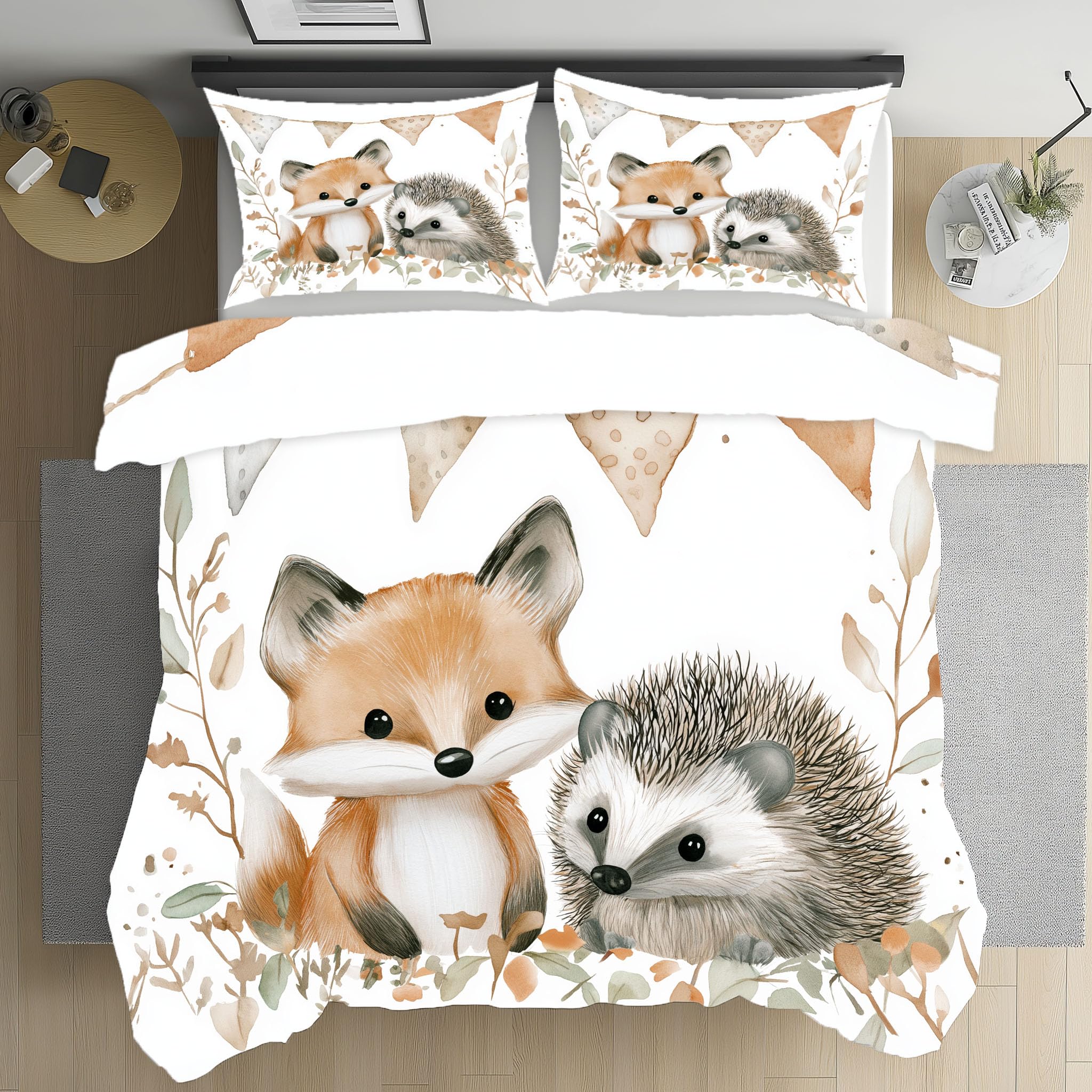 Housse de couette herisson renard en microfibre douce anti-plis avec fermeture eclair