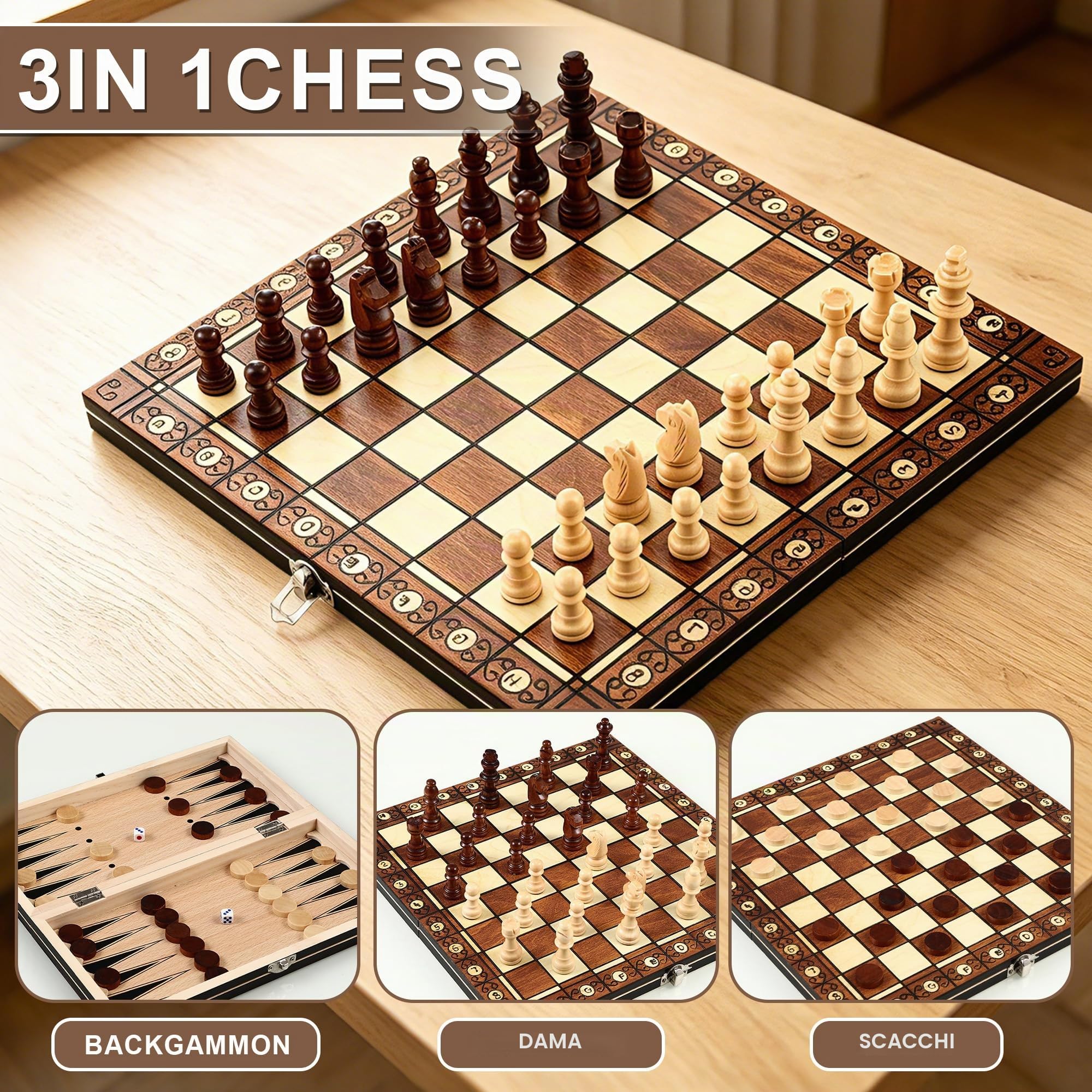 Scacchiera in legno, 3 in 1 Scacchiera Professionale, 29 cm x 29 cm, Scacchiera Portatile e Pieghevoli, Gioco da Tavola di Qualità Adatto a Raduni di Bambini Adulti, Attività Familiari
