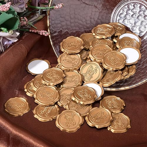 Miniatura 5 de CRASPIRE 60 calcomanías adhesivas de sello de cera de feliz cumpleaños, calcomanías autoadhesivas de sello de cera dorada vintage, calcomanías de