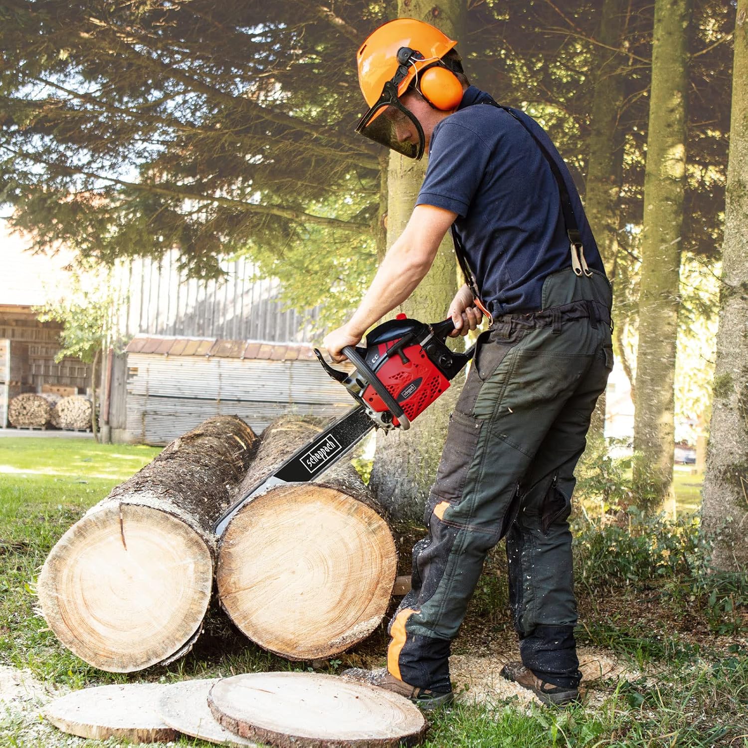 User operating Scheppach CSP5300 Chainsaw