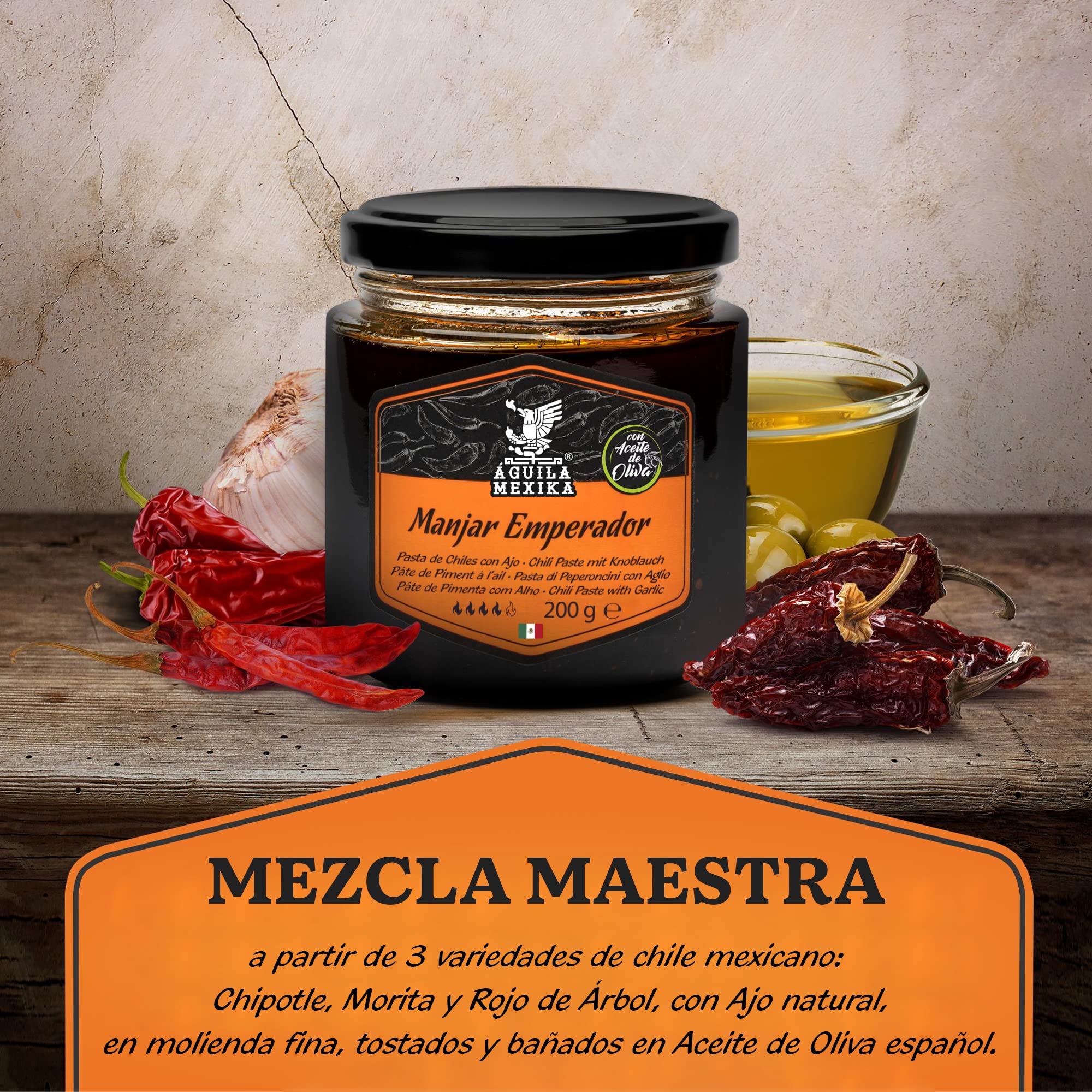 ÁGUILA MEXIKA Salsa Macha gourmet con 3 Chiles Mexicanos: Chipotle, Morita & Rojo de Árbol, ajo, Aceite de Oliva virgen