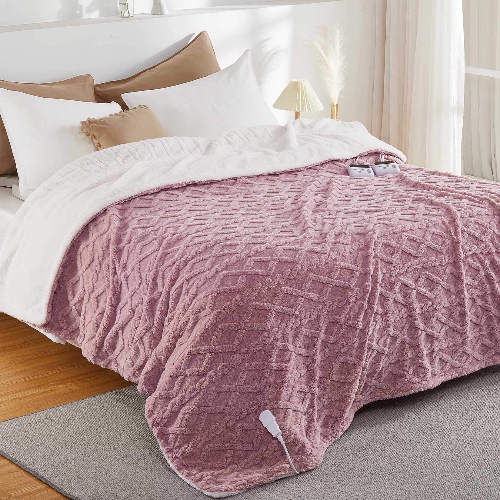 caromio electric blanket queen size dual control - thick tufted sherpa heated blanket queen with 10 heat levels and 10 time settings, etl certified fast heating blanket queen size 84"×90", dusty pink