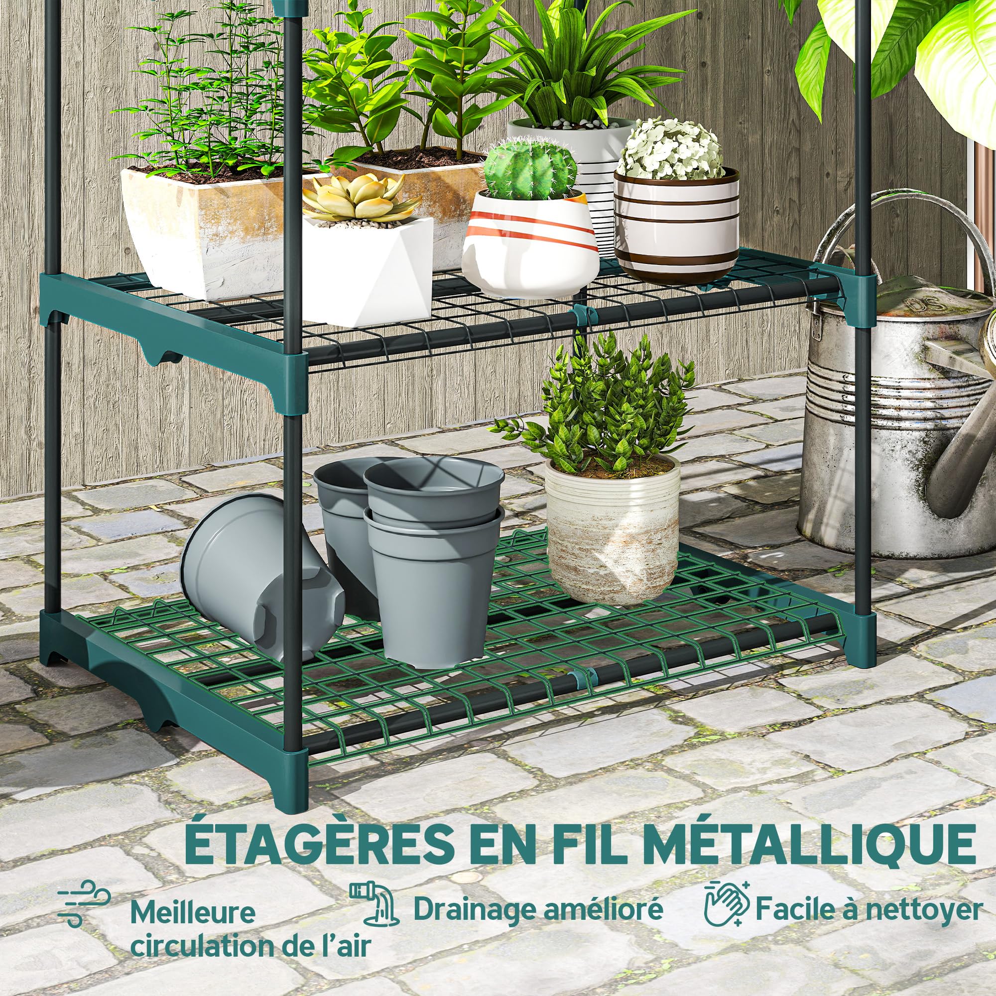 Outsunny Étagère à Fleurs en Acier 4 Niveaux Intérieur et Extérieur, Support de Plantes, Étagère à Plantes pour Jardin, Balcon, Salon, 67 x 49 x 105 cm, Vert