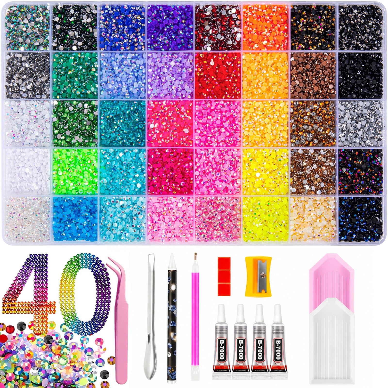 Bedazzling Kit 40000Pcs 40 Colors Resin Jelly Rhinestones, 3mm Flatback Gems for Diamond Art, Bedazzler Kit with 4Pcs 10ml B7000 Jewelry Glue & Tools, Christmas Birthday Gifts for Women
