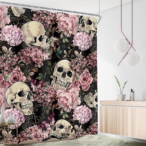 Miniatura 3 de AMBZEK Cortina de ducha con diseño floral rosa de calavera de azúcar, 60 pulgadas de ancho x 72 pulgadas de largo, diseño de esqueleto,