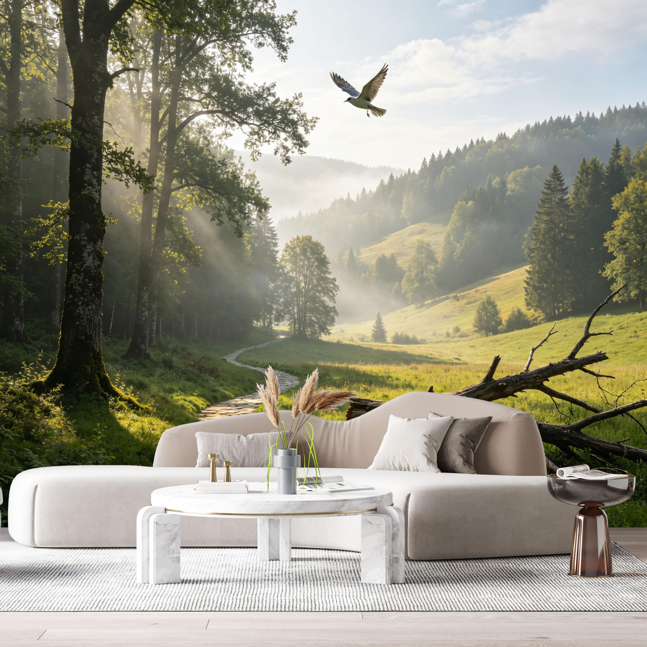 Custom Size Wall Murals Forest Landscape Morning Sunbeam Stone Path Flying Bird SelfAdhesive Wall Fabric Removable Large Wallpaper for Photo Living Room