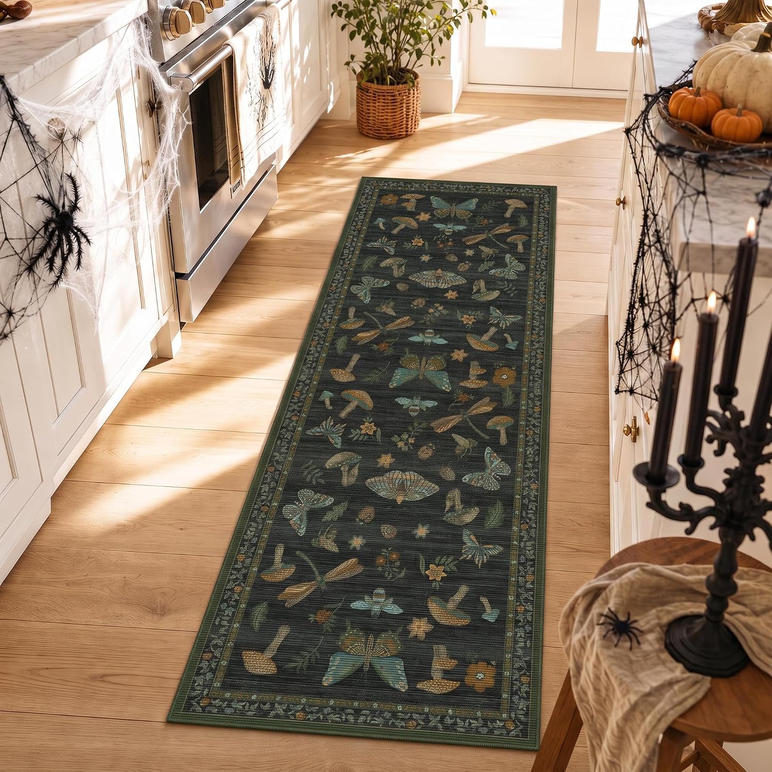  Mushroom Insect 2x6 Kitchen Runner Rug for Hallways Dark Green thumbnail
