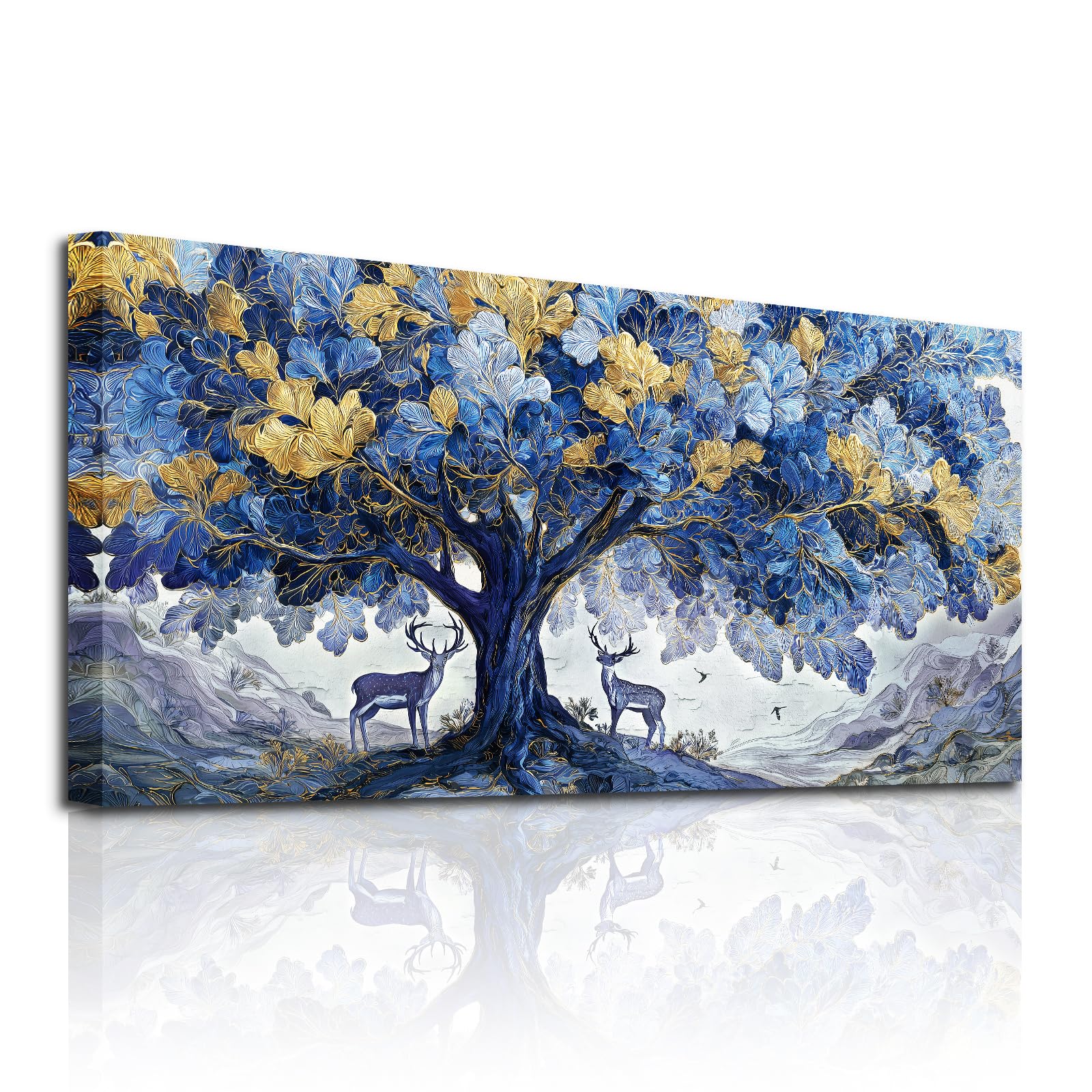 SERIMINO Cuadros Decoracion Arbol de la Vida Grandes Naturaleza 73x146 cm | Frondas Ciervos Montañas, Impresión Hd, Lienzo Bastidor Madera Maciza, Montaje Sencillo, Regalo Decorativo