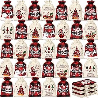 Huhumy 60 Pcs Christmas Burlap Bags with Drawstring Plaid Party Favor Gift Bags Mini Candy Goodies Bag Black and Red Plaid Treat Bags for Christmas Party Birthday Supplies (5 x 7 Inch)