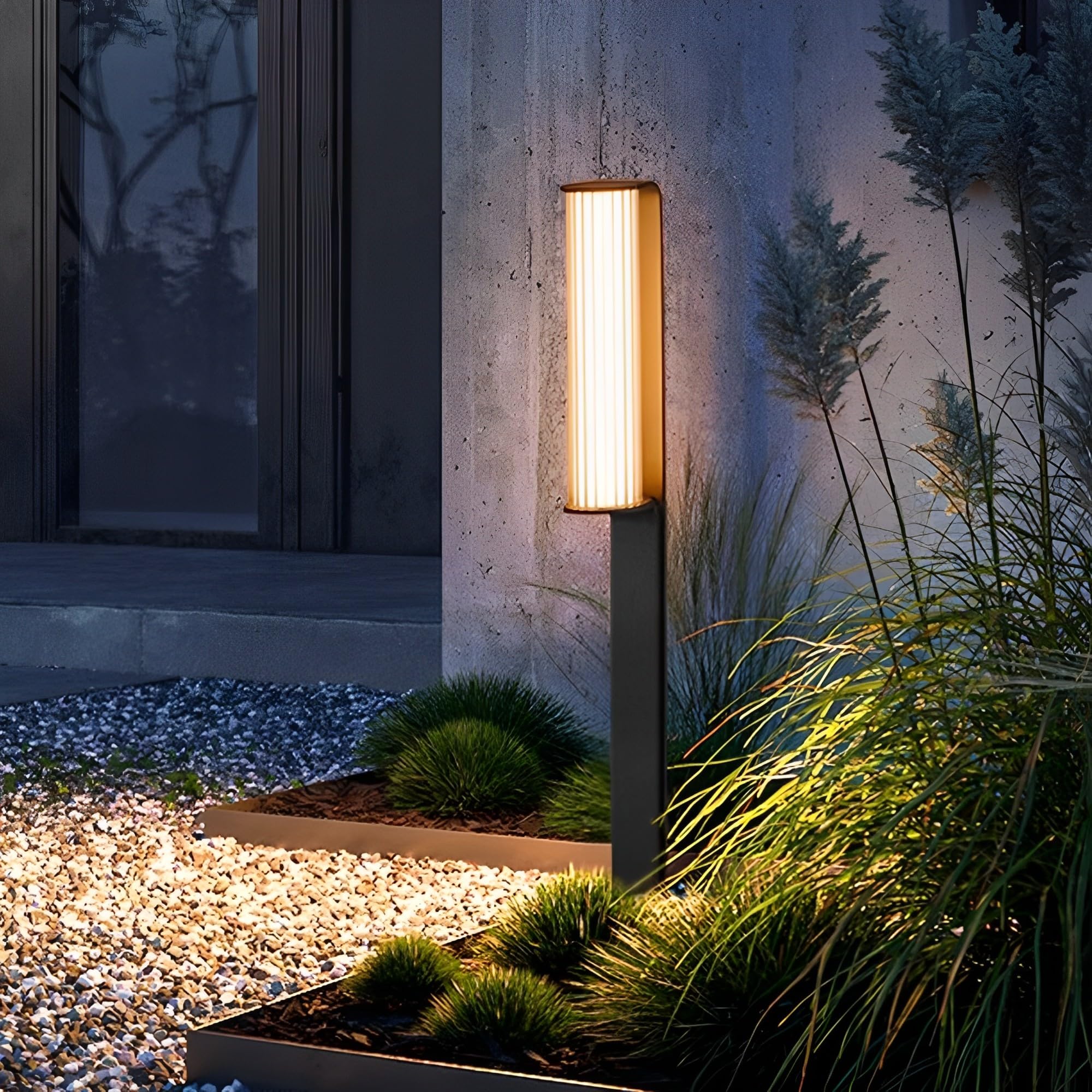 HELCEKOU Modern Pathway Light 30.7 Inch Landscape Path with Warm Black Stainless Steel Bollard IP65 Waterproof Lantern Acrylic Shade for Yard Walkway Lawn Driveway