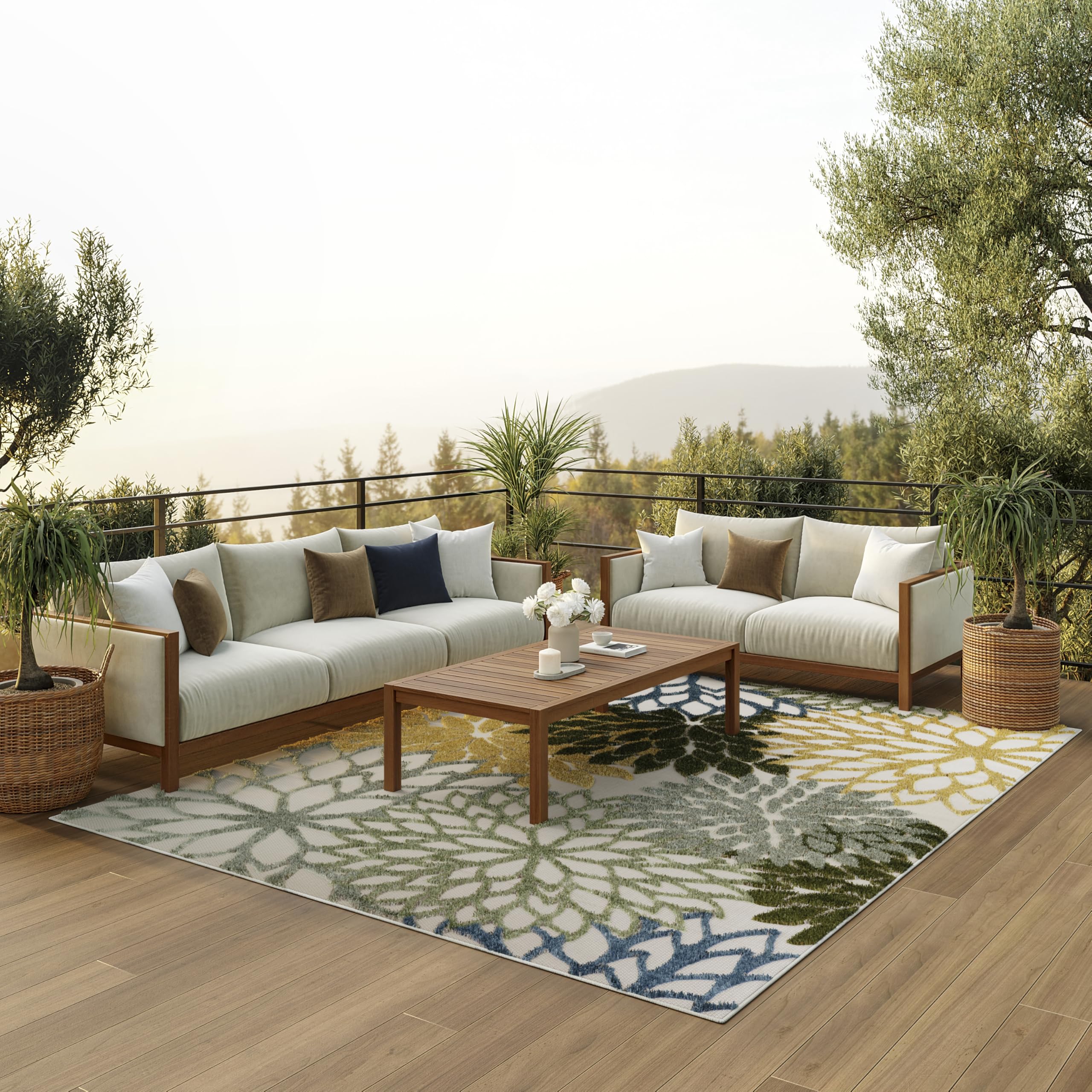 Nourison Home Aloha Indoor/Outdoor Green Multicolor 9' x 12' Area Rug, Easy-Cleaning, Non Shedding, Bed Room, Living Room, Dining Room, Backyard,