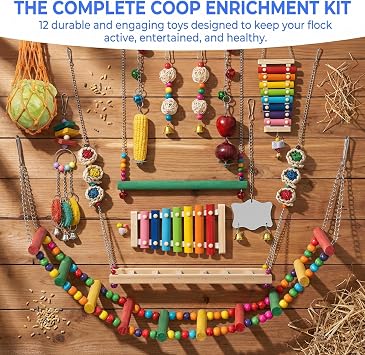 Little World Chicken Toys Complete Set of 12 All-in-One Chicken Coop Accessories with Xylophone, Swing, Chicken Mirror, Ladder, Vegetable String Bag & Hanging Feeder Coop Toy for Happy Hens