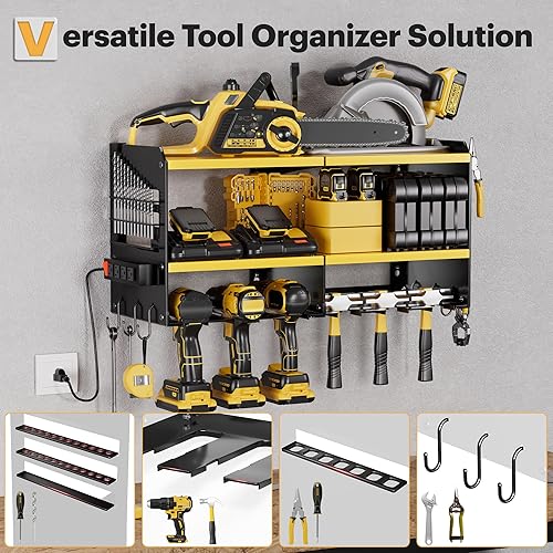 Miniatura 3 de Large Power Tool Organizer Wall Mount with Charging Station, 3 Layer Heavy Duty Metal Tool Storage Rack Loads 420lbs with 6 Cordless Drill Holder