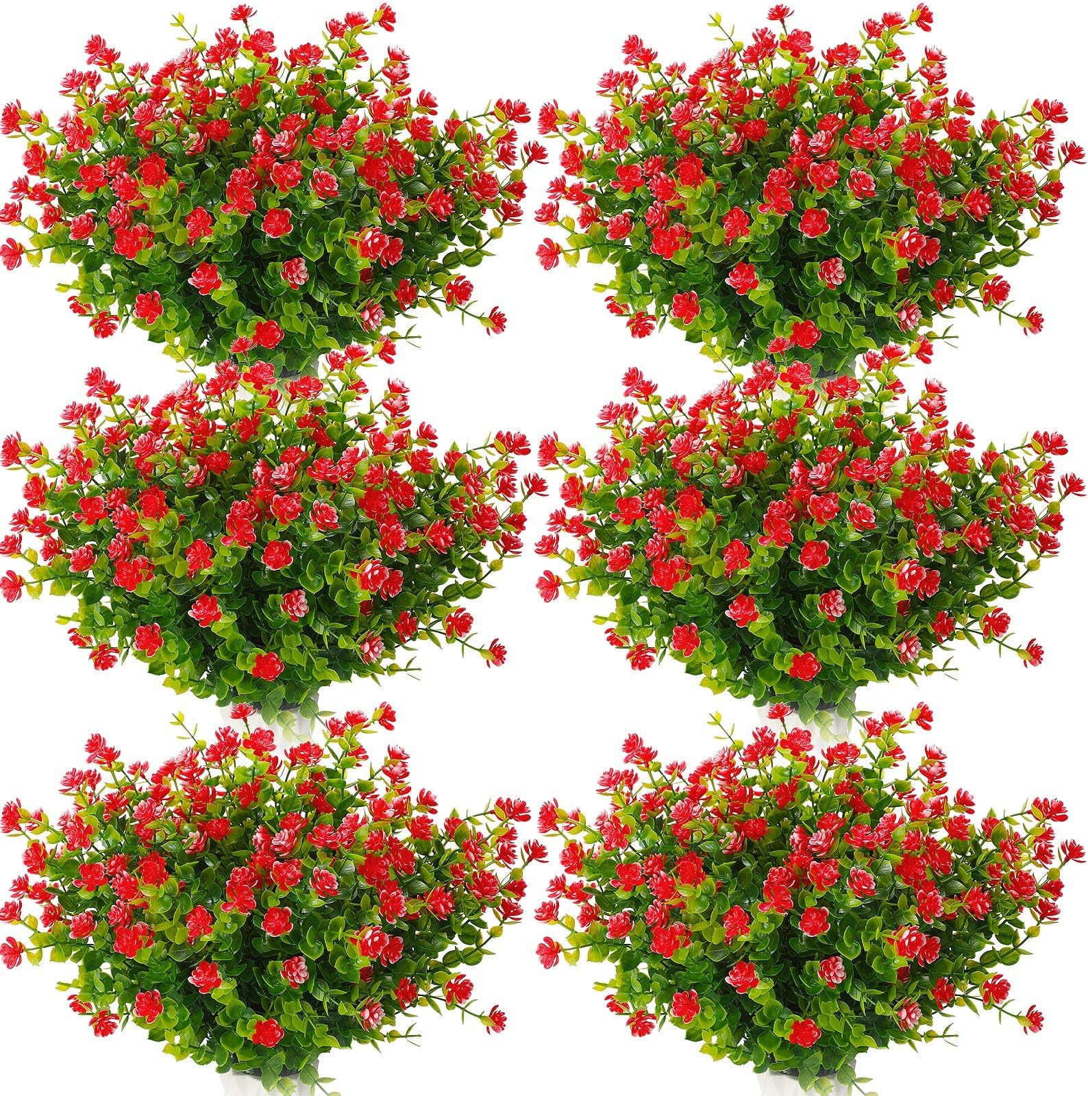 Crowye 36 Bundles Fake Flowers Faux Plastic Plants Artificial Outdoor Plants Summer Greenery Cemetery Decorations for Grave UV Resistant Shrubs Indoor Home Office Garden Porch Patio, Red Eucalyptus