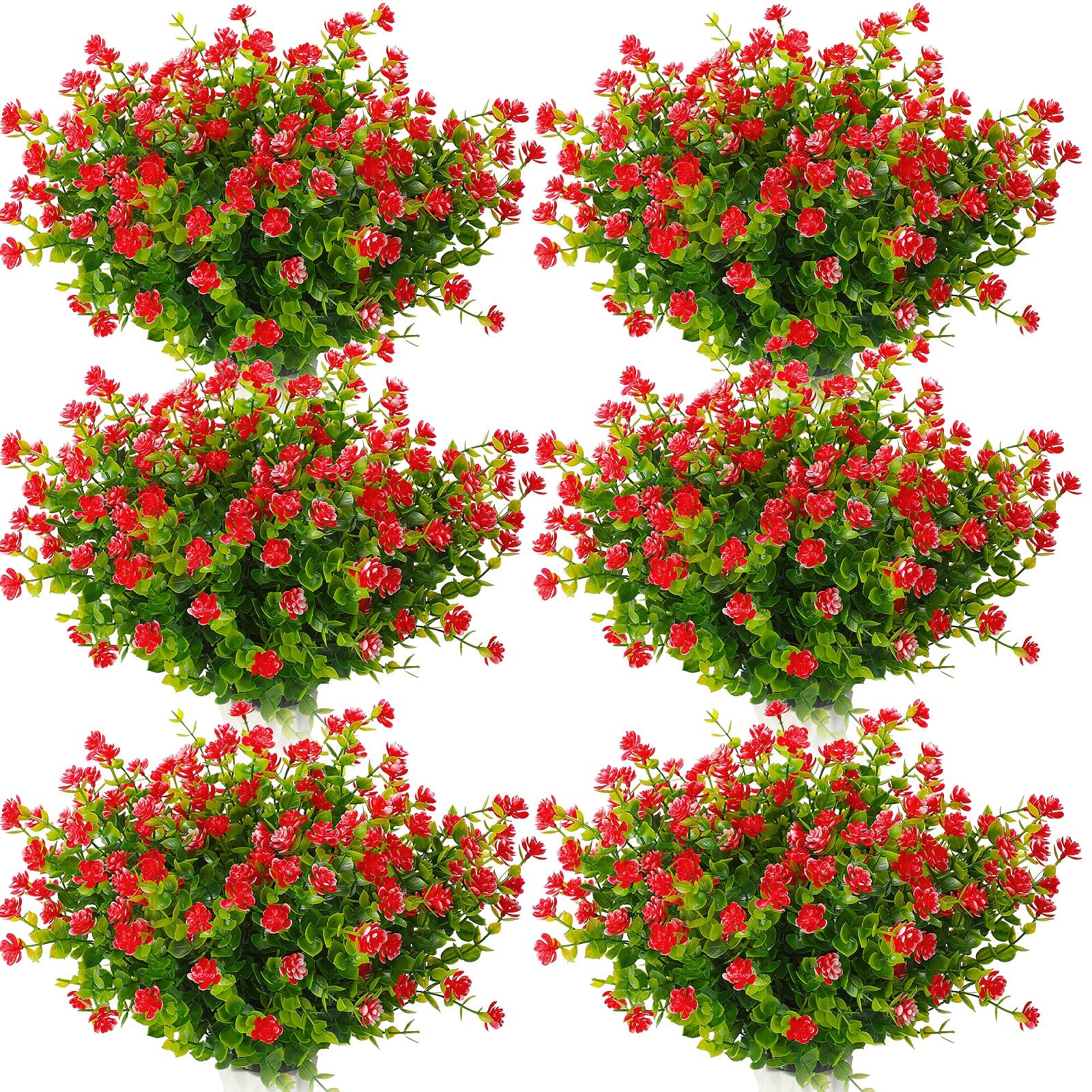 Crowye 36 Bundles Fake Flowers Faux Plastic Plants Artificial Outdoor Plants Summer Greenery Cemetery Decorations for Grave UV Resistant Shrubs Indoor Home Office Garden Porch Patio, Red Eucalyptus
